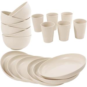 36-Piece Reusable Wheat Straw Dinnerware Sets for 6, Farielyn-X Unbreakable Reusable Set Kitchen Cups, Plates, Bowls Sets & Cultery Dishwasher Microwave Safe - Patio, Outdoors, RV, Camping Dishes