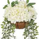 Hollyone 13" Fake Hanging Plants Flowers White Hydrangea Artificial Flowers Arrangements Large in Hanging Basket UV Resistant Silk Flower Plant Faux Hydrangea Flower with Pot Outdoor Indoor Decor