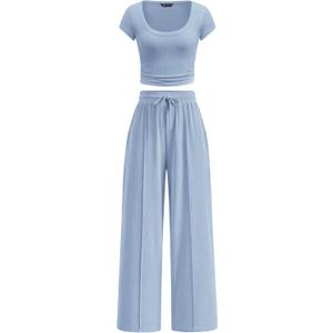 PRETTYGARDEN Women's Summer 2 Piece Matching Lounge Sets Short Sleeve Crop Tops Wide Leg Pants 2026 Airport Travel Outfits, Large