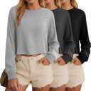 Ficerd 3 Pack Cotton Cropped Long Sleeve Tops for Women Loose Fit Crew Neck Drop Shoulder Crop T Shirts Basic Tee (Small, Black, Dark Gray, Gray)
