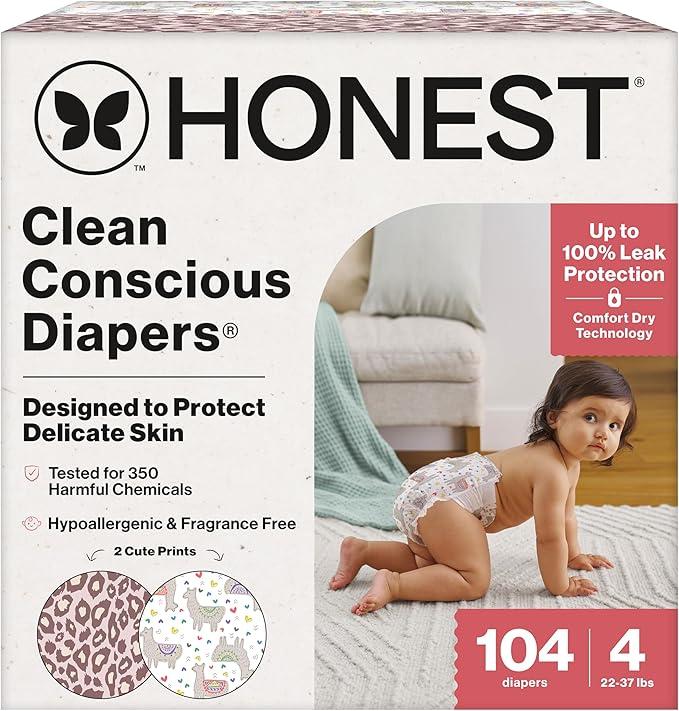 The Honest Company Comfort Dry Disposable Diapers for Sensitive Skin, Hypoallergenic, Wild Thang + All The Alpacas, Super Club Box Size 4 (22–37 lbs) 104 Count