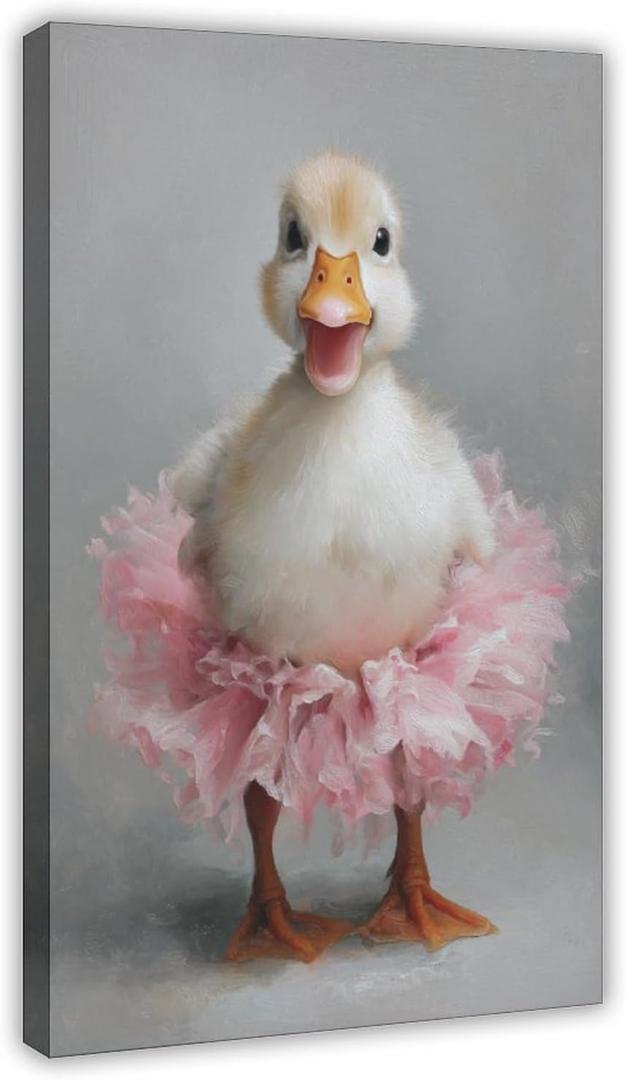 UZWGG 1pcs Framed Pink Ballet Skirt White Duck Canvas Wall Art Cute Duck Picture Wall Decor Funny Animals Poster Print for Kids Room Nursery Artwork Home Decor Wrapped Canvas 16x24inch(40x60cm)