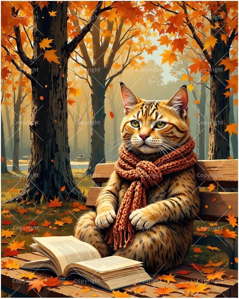 Autumn Cat Paint by Numbers Kit for Adults - DIY Cute Cat Reading on Bench in Fall Painting on Canvas, Acrylic Paint Set, Suitable for Beginners, Art for Home Decoration or Gifts(16X20IN Framed)