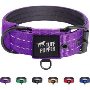 Tuff Pupper Heavy Duty Tactical Dog Collar | 1.5" Wide Ballistic Nylon | Reflective Stitching | Integrated ID Tag Holder | Stainless Steel Buckle | Padded Lining | Medium & Large Dogs (Purple, Medium)