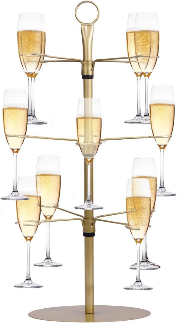 Metal Drink Tower for Parties - 3 Tier Champagne Glass Holder with 12 Brackets for Bar Stand or Cocktail Tree Stand