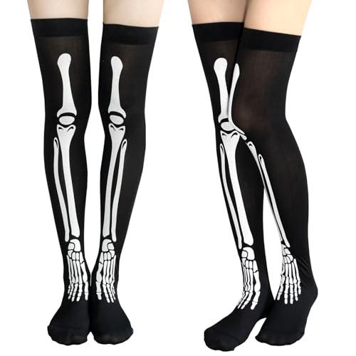 IMERAGO 2 Pairs Thigh High Stockings Skeleton Knee High Socks for Women Girls Long Socks for Halloween Cosplay Party Festival, One Size (Skeleton)