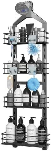Nieifi Hanging Shower Caddy,4 Tier Adjustable Basket Over Shower Head Shower Organizer Hanging with Hooks Shower Racks for Inside Shower Shelf Anti-Swing Bathroom Organizer Shelves,Black