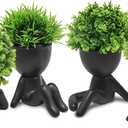 MAKHOT 4PCS Cute Artificial Mini Succulent Plants with Creative Human Shaped Pots, Small Fake Plants for Shelf Desk Tabletop Office Home Decoration(Black)