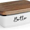 Butter Dish with Lid, ALELION Large Ceramic Butter Dish for Countertop, Butter Keeper with Thick Acacia Wood Lid, Kitchen Decor and Accessories for Kitchen Gifts, White