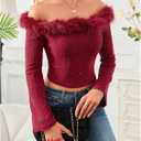 MakeMeChic Women's Faux Fur Crop Tops Bell Sleeve Off Shoulder Glitter Party Tee Shirts (M)
