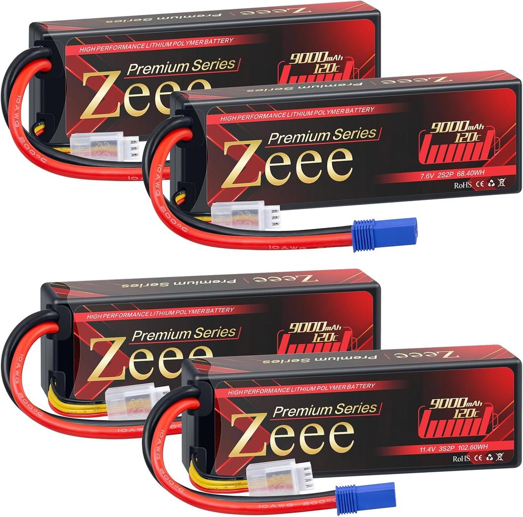 Zeee 7.6V Lipo Battery 2S 120C 9000mAh EC5 Connector 2 Pack with 3S Lipo Battery 9000mAh 11.4V 120C EC5 Connector 2 Pack for RC Car