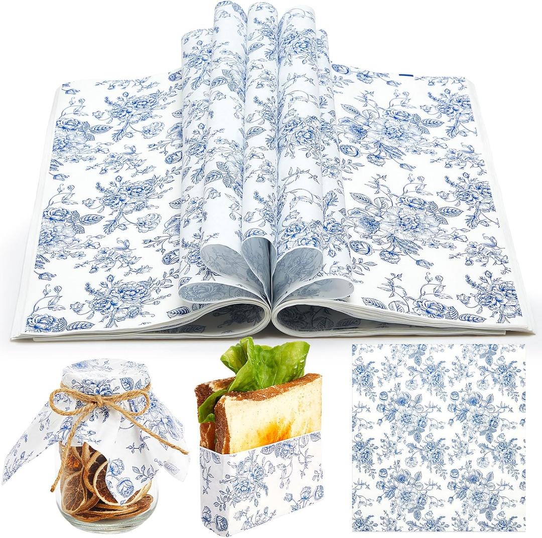 Marspark 100 Sheets Blue Floral Wax Paper for Food Wrapping 11.4 x 11 Inches Spring Floral Food Basket Parchment Paper for Picnic Wedding Candy Cookies Baking Sandwich Burgers Greaseproof Wrapping