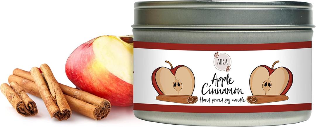 Aira Soy Candles - Organic, Kosher, Vegan, Tin Candle w/Therapeutic Grade Essential Oil Blends - Hand-Poured 100% Soy Candle Wax - Paraffin Free, Burns 60+ Hours - Apple Cinnamon - 8 Ounces