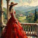 Elegant Woman Paint by Numbers Kit for Adults - DIY Lady in Red Dress on Balcony Painting on Canvas, Acrylic Paint Set, Suitable for Beginners, Art for Home Decoration or Gifts(12X16IN Framed)