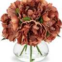 Hollyone Coffee Peonies with Vase Fall Flowers Artificial for Decoration Faux Flower Peony Fake Flowers Silk Flower Arrangements in Glass Vase with Faux Water Centerpiece Fall Decorations for Home