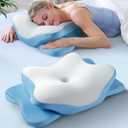 5X Pain Relief Cervical Neck Pillow for Neck Support, Ergonomic Cooling Side Sleeper Pillow for Sleeping, Odorless Contour Memory Foam Pillows, Bed Pillow for Side Back Stomach Sleeper (Queen, Light Blue)