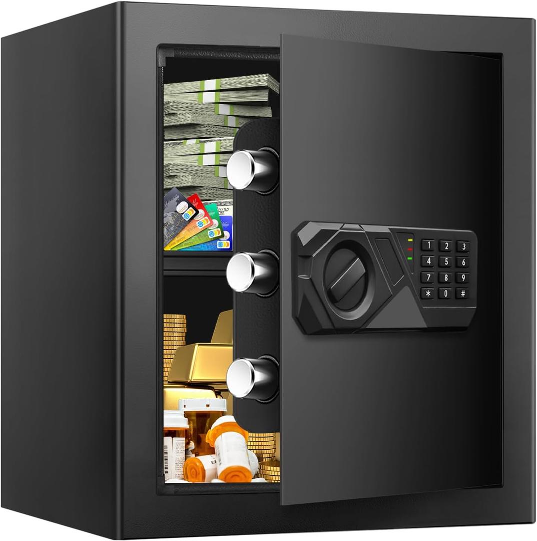 2.0 Cub Fireproof Safes for Home, Digital Security Home Safe Fireproof Waterproof with Programmable Keypad Keys and Alarm System, Anti-Theft Document Safe Box for Money Medicines Valuables