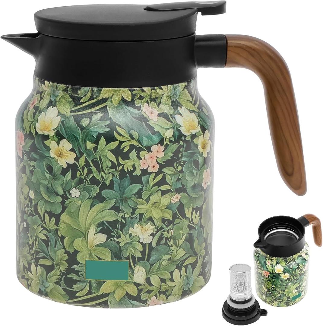 1000ml Vintage Floral Pattern Tea, Thermal Tea Pot with Handle and Built in Infuser, Stainless Steel Insulated Tea Kettle, Vacuum Coffee Carafe, Flower Pattern Insulated Infuser Pot(Green)