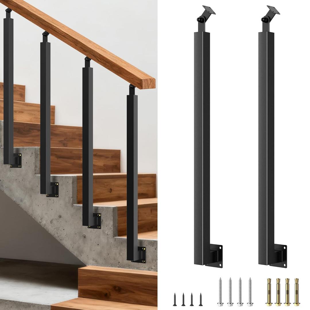 Side Mount Stair Railing Post, 35.4 Inch Black Metal Baluster Spindles with 270 Adjustable Bracket for Indoor Stairs, Deck, Porch & Balcony Railing