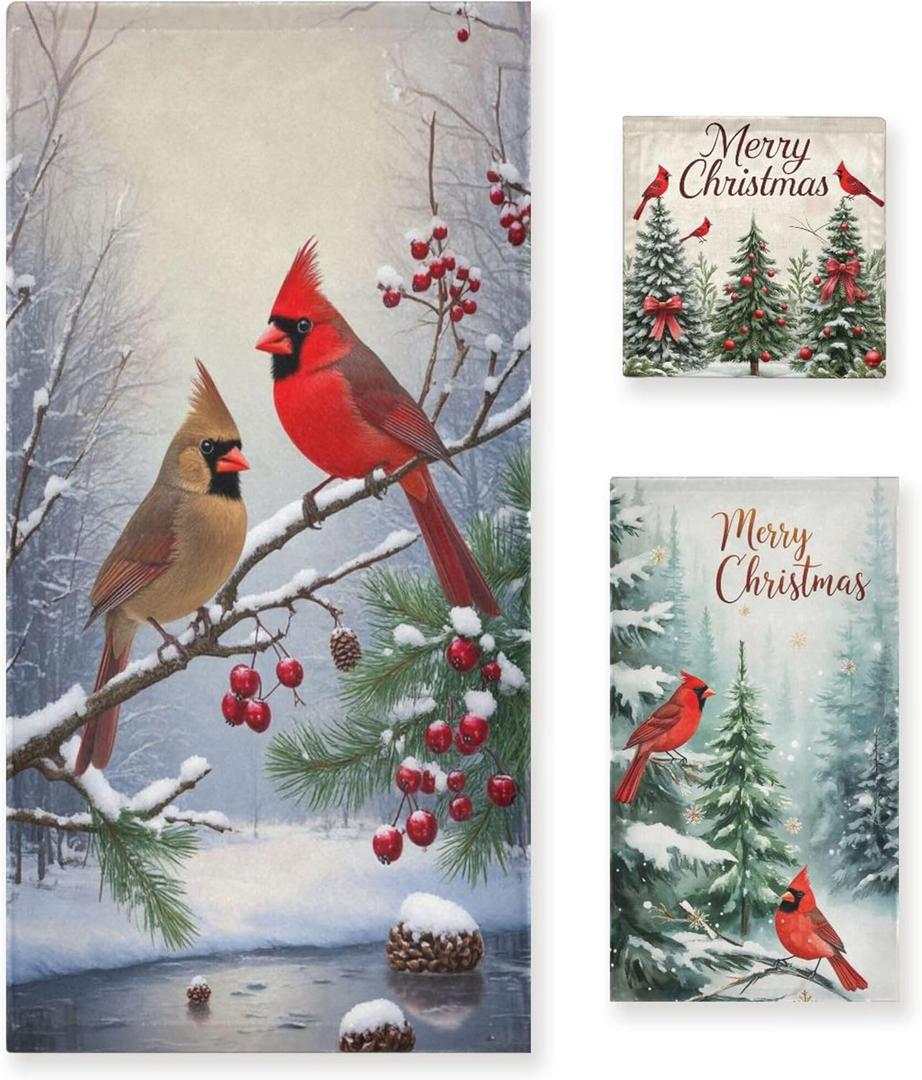 Winter Birds Snowflake Towel 16x30 Inch Soft Absorbent Christmas Tree Cardinal Poinsettia Berry Xmas Bow Cotton Soft Bath Towel Set for Face Spa Gym Kitchen