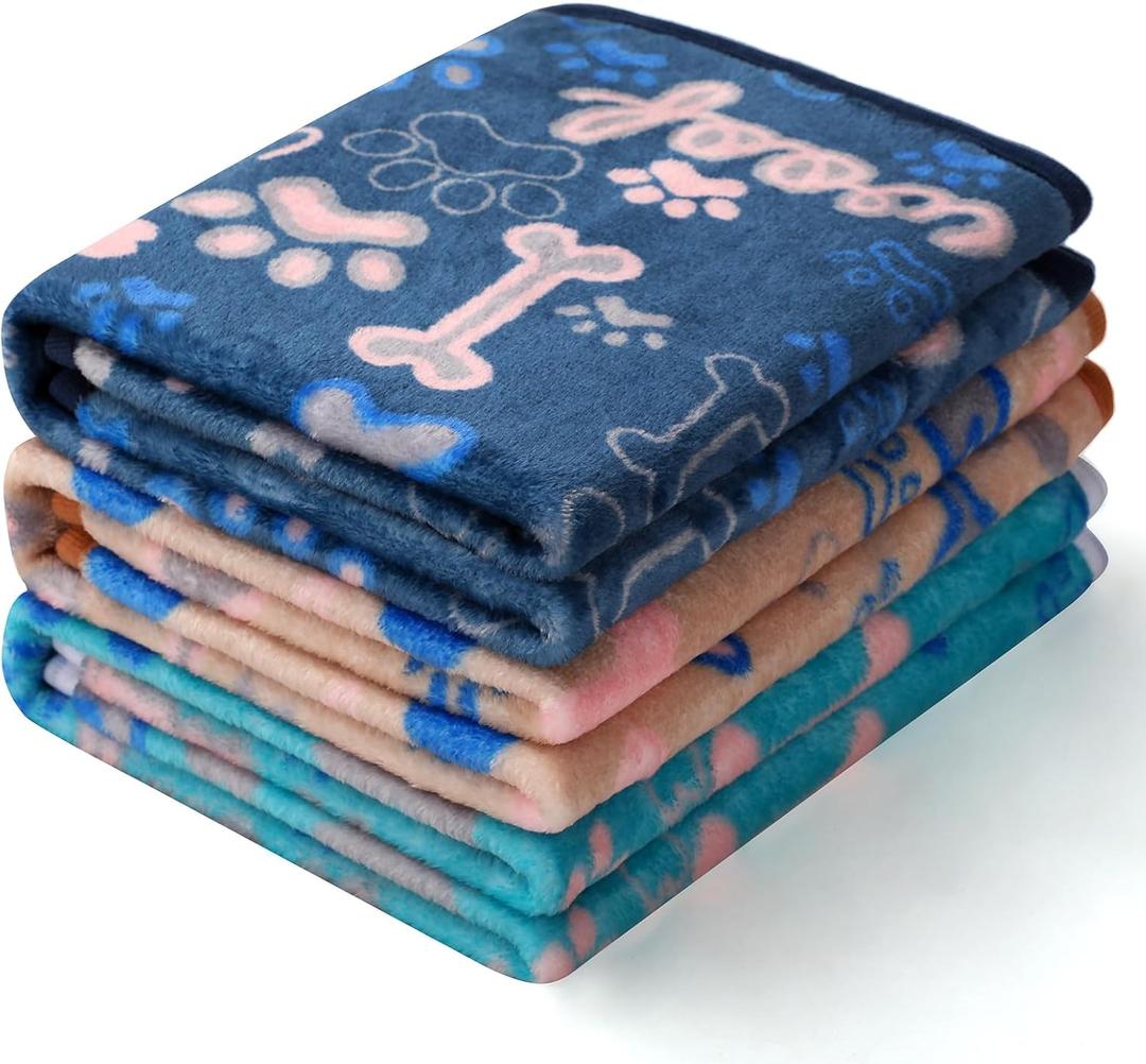 Luciphia 1 Pack 3 Blankets Fluffy Premium Fleece Pet Blanket Flannel Paw Bone Printed Throw for Dog Cat (Medium 30"x20", Khaki/Blue/Navy)