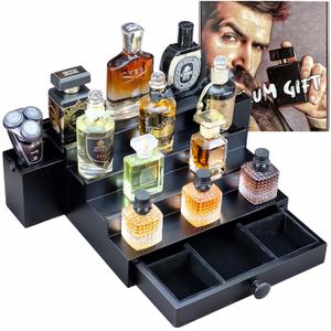 Wooden Cologne Organizer for Men 4 Tier Black | High Grade Velvet Lining and Stylish Gift Box | Side Compartment | Space Aid Cologne Holder | Perfume Display Stand | Dresser Countertop Decor | SELUM
