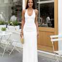 Kaximil Women's Sexy V Neck Halter Maxi Dresses Bodycon Cocktail Wedding Guest Long Dress (White, XL)