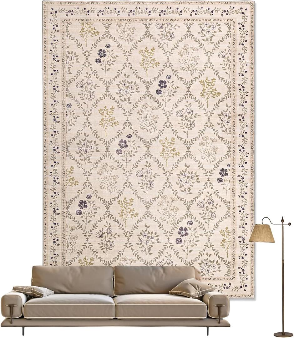 YIHOUSE 5x7 Washable Rug for Bedroom, Beige Floral Rugs for Living Room Non Slip Ultra-Thin Large Boho Rug for Kids Playroom, Classroom, Girls Dorm, Nursery, Beige Multi