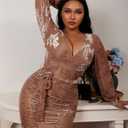 YMDUCH Women Sexy V Neck Long Sleeve Velvet Floral Bodycon Ruched Mini Cocktial Party Dress (Brown)