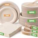 300 Pack Paper Plates Set Party Supplies Severs 50 Guests Disposable Party Plates Sugarcane Forks Knives Spoons Heavy-Duty Paper Plate Bagasse Natural Compostable Eco-Friendly Birthday Wedding