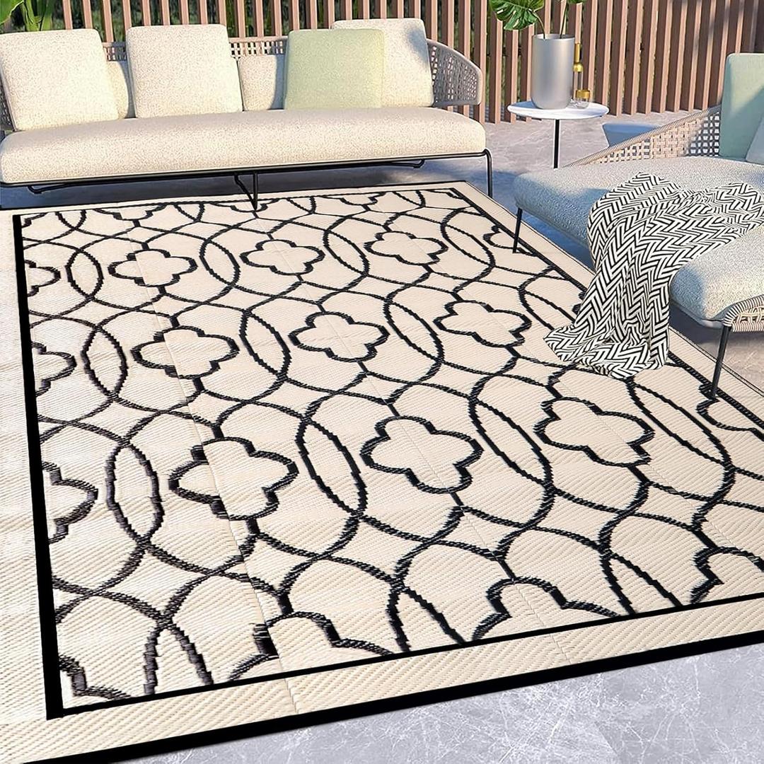 Pendolr 5x8 Outdoor Rug Waterproof Carpet Patio Rug Outdoor Plastic Straw Rug Camping Rug Reversible Outside Outdoor Area Rug for Balcony Deck Backyard RV Picnic Beach Black&Beige 01#