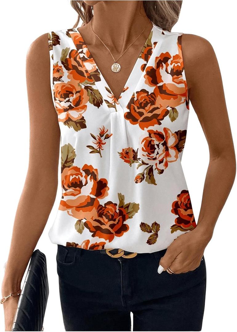 WDIRARA Women's Floral Print V Neck Sleeveless Blouse Summer Casual Tank Top (Multicolor)