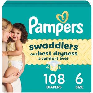 Pampers Swaddlers Diapers, Size 6 (23-44 lbs), 108 Count, Absorbent, Keeps Baby Dry and Comfortable, Skin Safe Disposable Baby Diaper