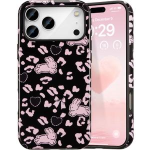 DEFBSC Case for iPhone 17 Pro Max, Cute Pink Bow Leopard Print Aesthetic Trendy Pattern for Women Girls Slim Durable Bumper Shockproof for iPhone 17 Pro Max Case, Bunny/Glossy