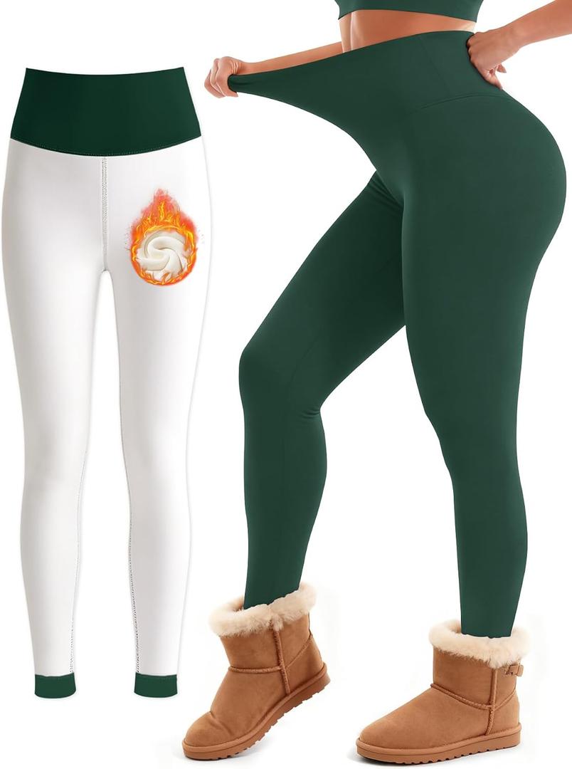 Laite Hebe Fleece Lined Leggings Women - High Waisted Winter Yoga Pants Tummy Control Soft Thermal Warm for Hiking Workout (Green, S)
