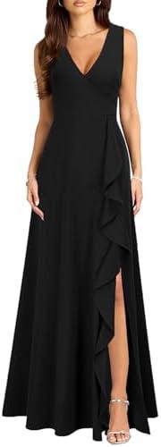 MUSHARE Women's V Neck Sexy Split Cocktail Dress with Pockets Ruffle Party Long Formal Dress 2XL