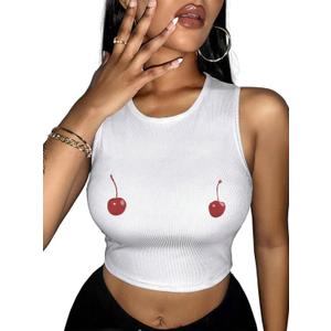 Hilinker Women's Summer Tank Tops Sleeveless Letter Graphic Printed Ribbed Knit Basic Crop Cami Tops Shirt (Large, White Two Cherry)