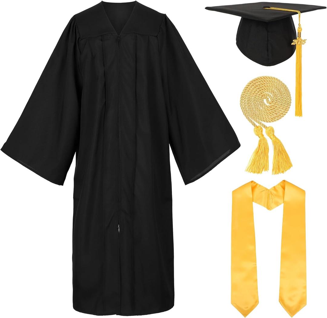 Unisex Matte Graduation Cap and Gown with Stole Honor Cords Set for High School College Bachelor (48, Black Gold)