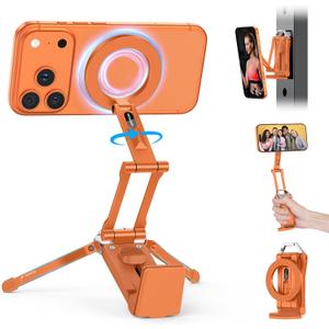 OMOTON TP02 360°Rotating for MagSafe Tripod Mount, Adjustable Aluminum Magnetic Phone Tripod for iPhone 17/16/15/14 Pro Max Air, Foldable Cell Phone Stand Fits Vlog, Gym, Travel Essentials, Orange