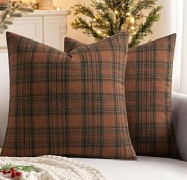 MIULEE Fall Set of 2 Scottish Tartan Plaid Throw Pillow Covers Farmhouse Classic Decorative Outdoor Square Cushion Cases for Halloween Thanksgiving Decor Sofa Couch 18x18 Inch, Orange and Green