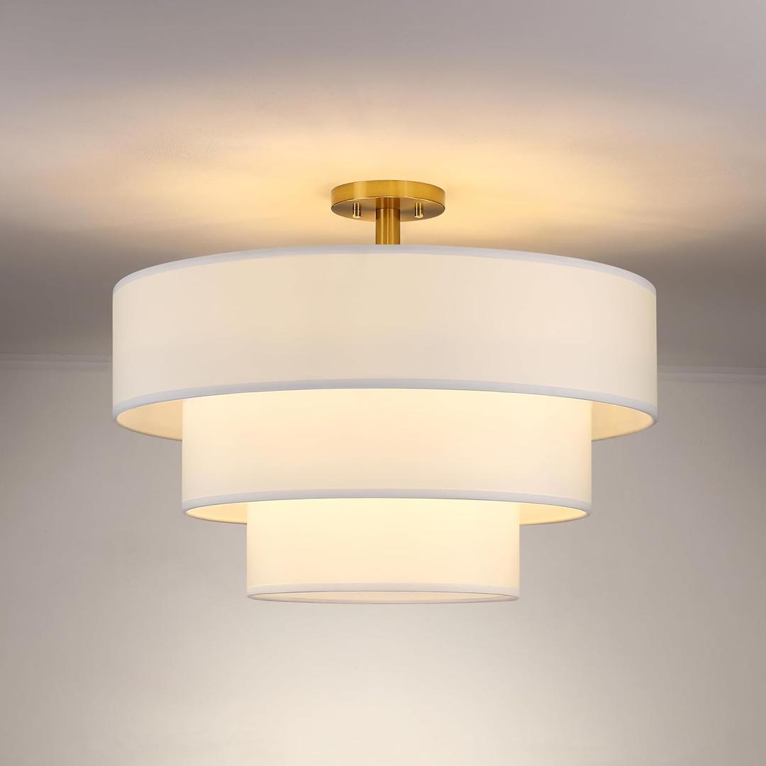 24" 3 Tier Linen Drum Fabric Modern Farmhouse Semi Flush Mount Light, White Fabric