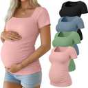 4 x Huukeay 4 Pack Women's Maternity Shirts Cotton Ribbed Short Sleeve Square Neck Pregnancy Tops Side Ruched Summer Tee (L)