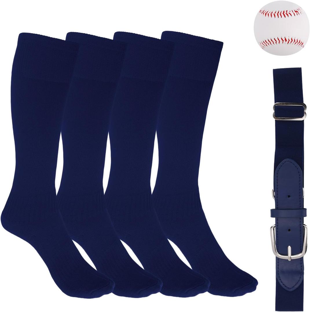 Mikovivi Youth Baseball Socks, Belt and Ball Set, Softball Knee High Socks for Football Sports Athletic Gear Accessories Adjustable Belt & Baseball for Boys Girls (Dark Blue, M) 