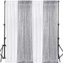 VitalCozy 4 Panels Backdrop Curtains 2 Pcs 4 x 10 ft Sequin Glitter 2 Pcs 7 x 10 ft Chiffon Photo Background Curtains for Graduation Wedding Birthday Party Decorations(White, Silver)