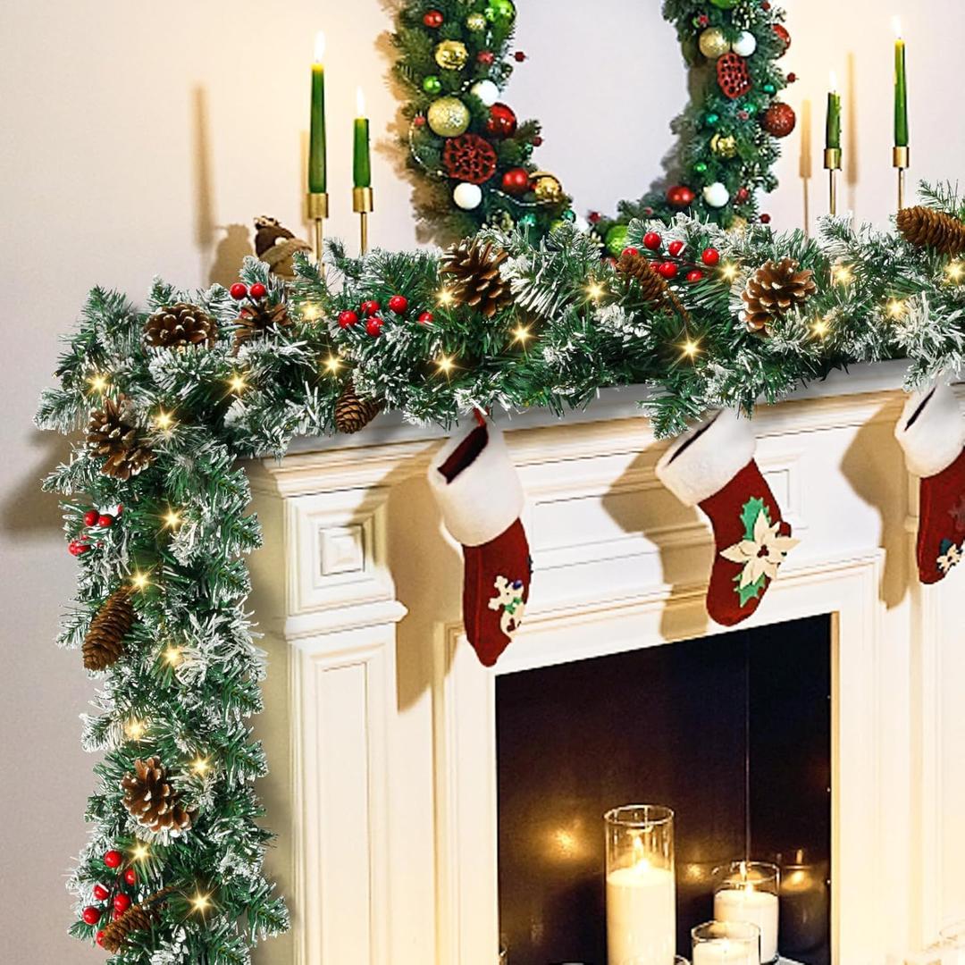 9FT Prelit Christmas Garland with Lights, Battery Operated Lighted with Pine Cones & Red Berries, Snowy Winter Decor for Mantle, Fireplace Perfect for Indoor & Outdoor