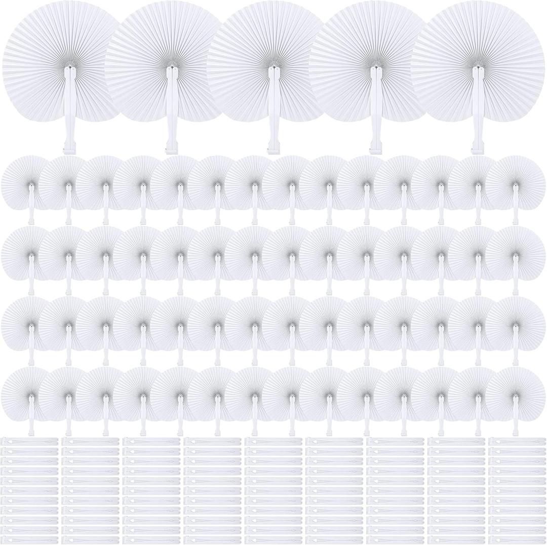 MCEAST 160 Pack Folding Wedding Paper Fans White Handheld Folding Fan Round Shaped Wedding Fans with Plastic Handle for Wedding Birthday Party Favors Supplies Home Decoration (Round)
