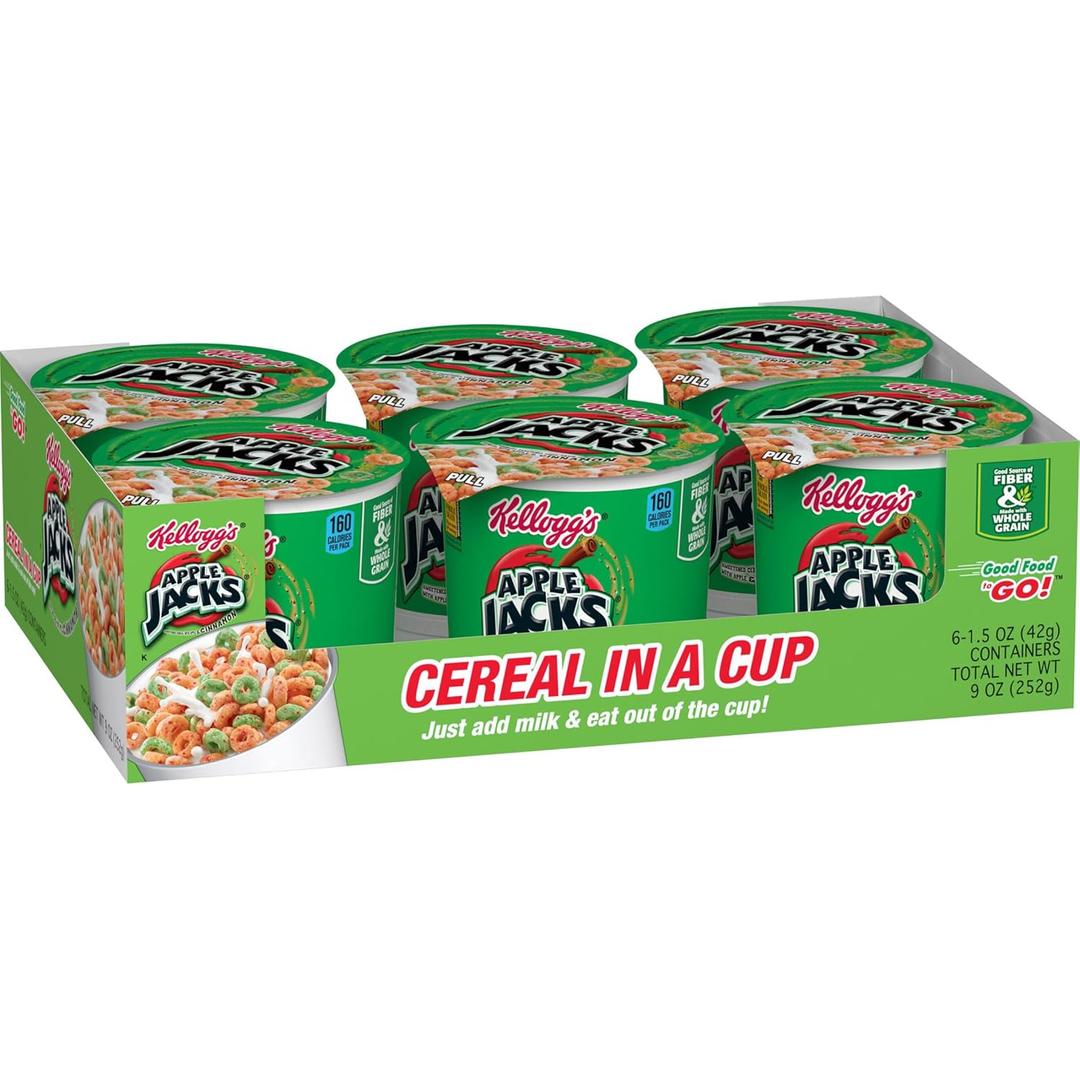 Kelloggs Apple Jacks Cold Breakfast Cereal Cups, 8 Vitamins and Minerals, Kids Snacks, Original (12 Cups) (1.5 Ounce (Pack of 12))