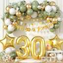 30th Birthday Decoration for Men Women, Sage Green White Gold 30th Birthday Balloons with Happy 30th Birthday Banner Cake Toppers Triangle Flag Number 30 Balloons for 30 Year Old Birthday Decorations
