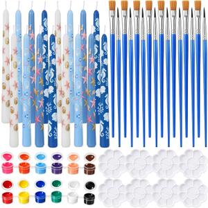 Treela 48 Pcs DIY Candle Painting Kit, 10 Inch Candlesticks, Acrylic Paint Strips, Palettes, Painting Brushes for Summer Pool Beach Party Adult Crafts, Blue Birthday Wedding Home Decor(Blue,White)