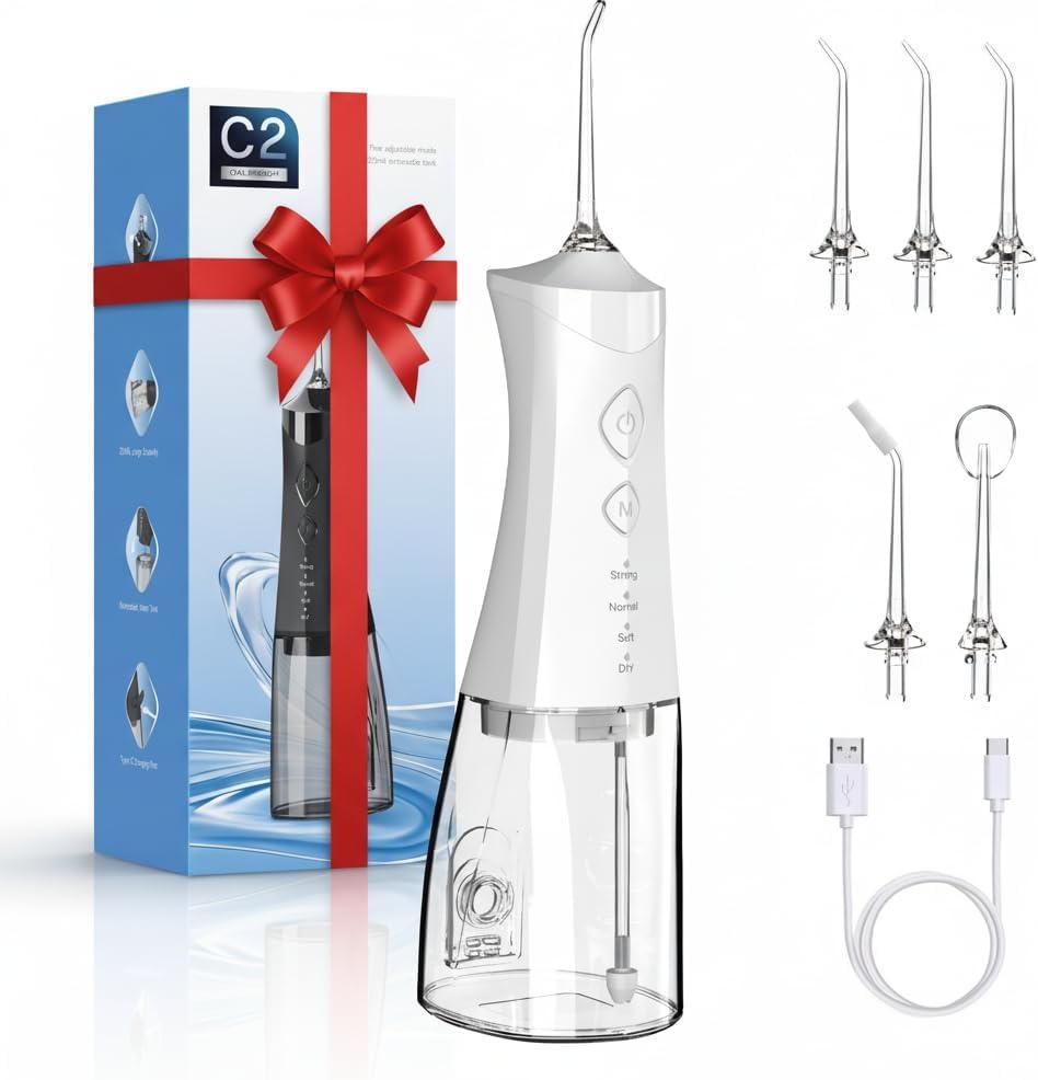 Water Dental Flosser Cordless for Teeth, 350ML Water Dental Flosser Teeth Pick 4 Modes Portable Oral Irrigator with 4 Jet Tips Rechargeable Flossers Oral Irrigator IPX7 Waterproof for Home Travel (White)